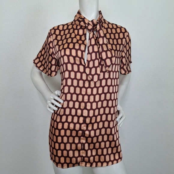 Zara Preppy Geometric Print Silky Business Casual High Neck Bow Tie Blouse Sz.S - Picture 2 of 10